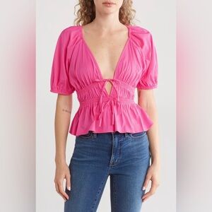 WAYF Smocked Tie Front Top In Hot Pink size Large